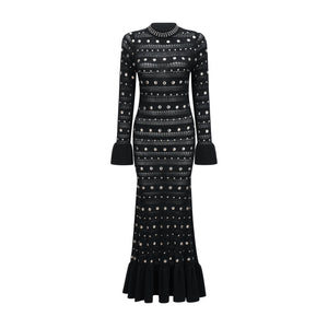 Aurohaya Chloé Black Long Sleeve Studded Crochet Knit Midi dress