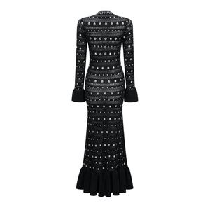 Aurohaya Chloé Black Long Sleeve Studded Crochet Knit Midi dress