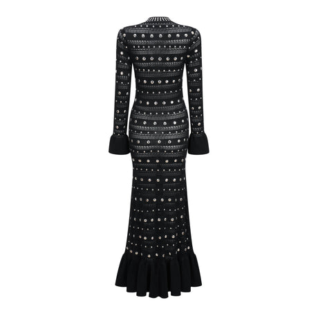 Aurohaya Chloé Black Long Sleeve Studded Crochet Knit Midi dress