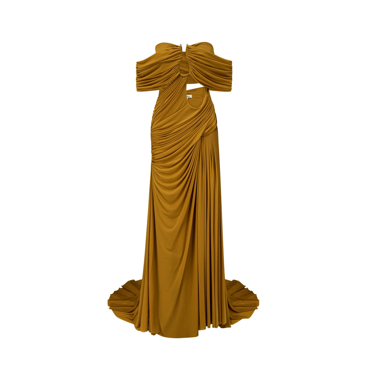Aurohaya Ludivine ocher off-shoulder cut-out ruched maxi dress