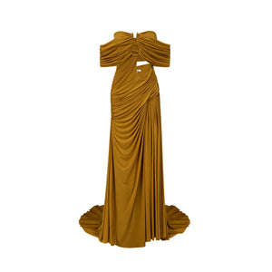 Aurohaya Ludivine ocher off-shoulder cut-out ruched maxi dress