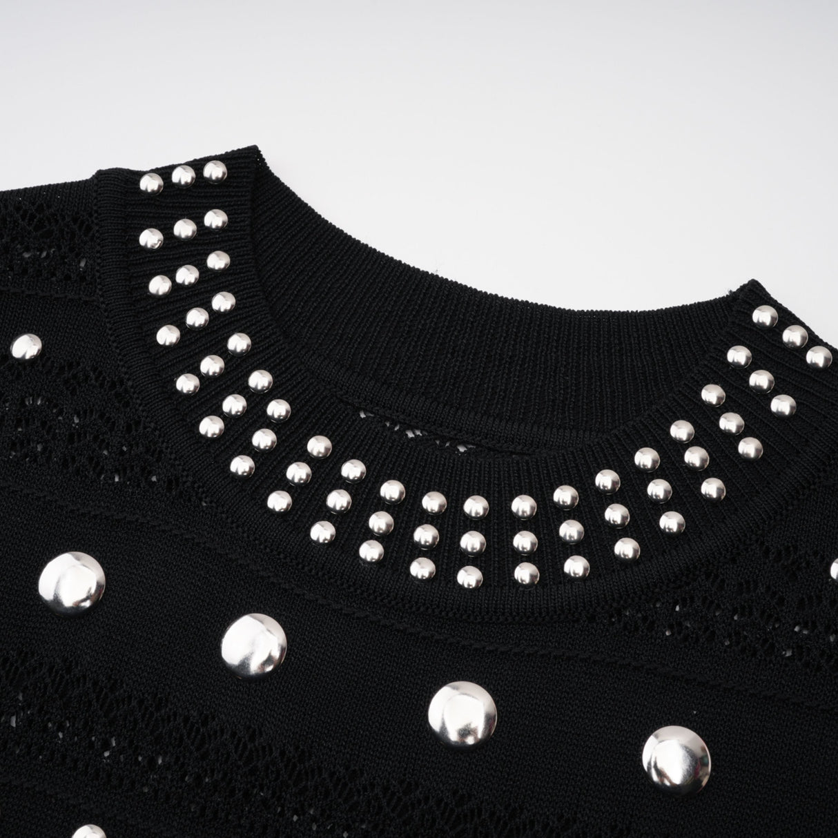 Aurohaya Chloé Black Long Sleeve Studded Crochet Knit Midi dress