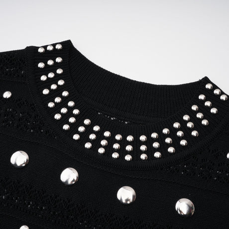 Aurohaya Chloé Black Long Sleeve Studded Crochet Knit Midi dress