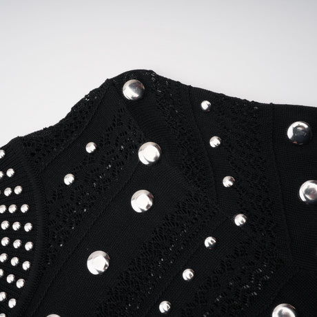Aurohaya Chloé Black Long Sleeve Studded Crochet Knit Midi dress