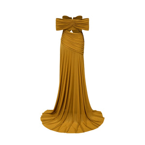 Aurohaya Ludivine Ocher Off-shoulder Cut-out Ruched Maxi Dress