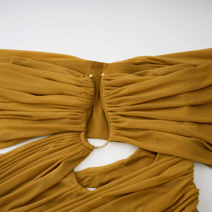 Aurohaya Ludivine ocher off-shoulder cut-out ruched maxi dress