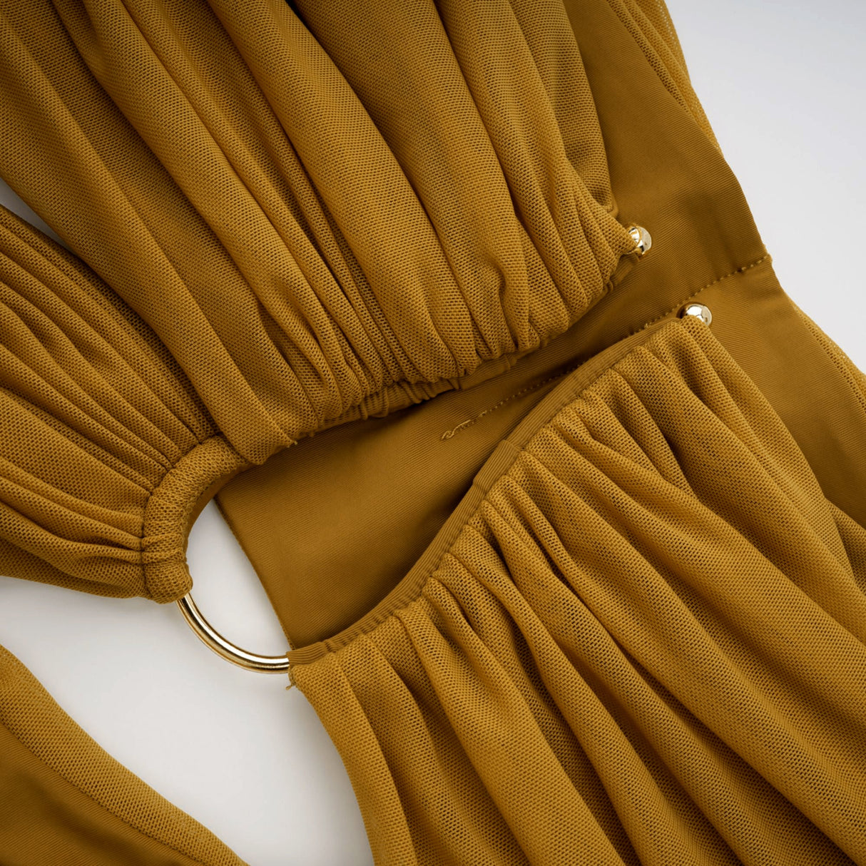 Aurohaya Ludivine ocher off-shoulder cut-out ruched maxi dress