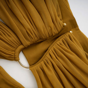 Aurohaya Ludivine ocher off-shoulder cut-out ruched maxi dress