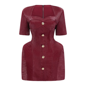 Aurohaya Frankie Red Leather Mini Dress with Decorative Buttons