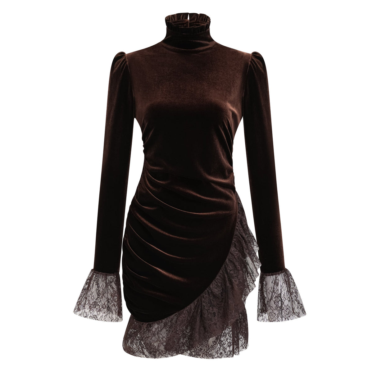 Aurohaya Alma Brown High Neck Asymmetrical Mini Dress