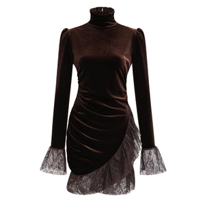 Aurohaya Alma Brown High Neck Asymmetrical Mini Dress