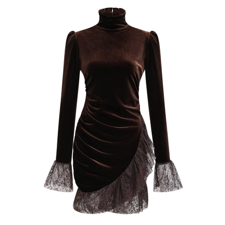 Aurohaya Alma Brown High Neck Asymmetrical Mini Dress