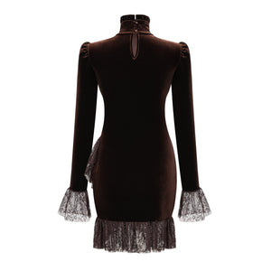Aurohaya Alma Brown High Neck Asymmetrical Mini Dress