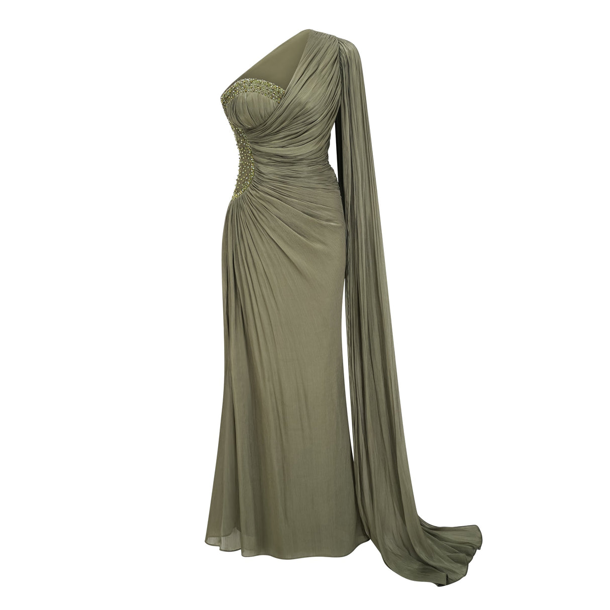 Aurohaya Katrin Green One Shoulder Ruched Maxi Dress