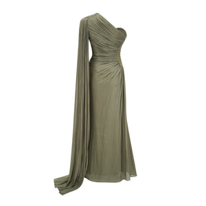 Aurohaya Katrin Green One Shoulder Ruched Maxi Dress