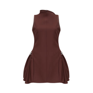 Aurohaya Dora brown asymmetrical-neck puff mini dress