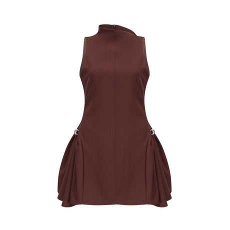 Aurohaya Dora brown asymmetrical-neck puff mini dress