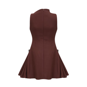 Aurohaya Dora brown asymmetrical-neck puff mini dress