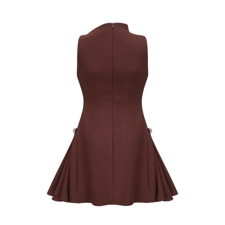 Aurohaya Dora brown asymmetrical-neck puff mini dress