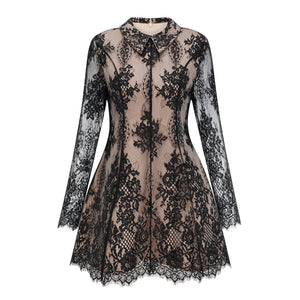Aurohaya Aleksandra Black Floral Lace Mini Dress