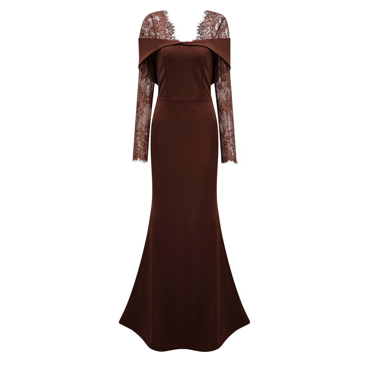 Aurohaya Georgiana Brown Lace Panel Flared Maxi Gown