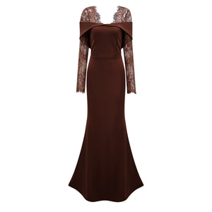 Aurohaya Georgiana Brown Lace Panel Flared Maxi Gown