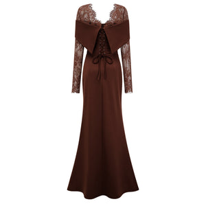 Aurohaya Georgiana Brown Lace Panel Flared Maxi Gown