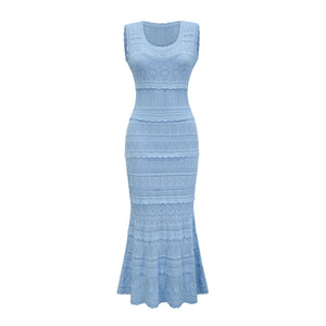 Aurohaya Mailys blue ruffled-trim crochet-knit midi dress