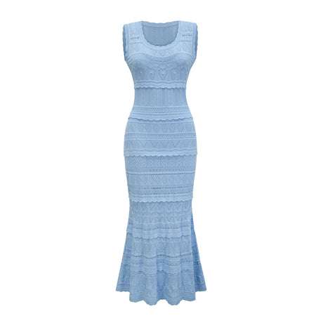 Aurohaya Mailys blue ruffled-trim crochet-knit midi dress