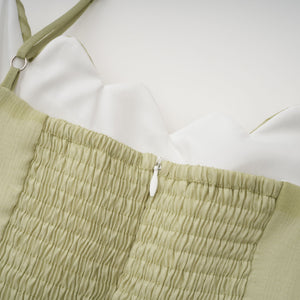 Aurohaya Matcha Ruffled Shirred Tulle Maxi Dress