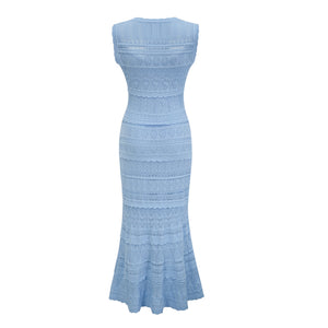 Aurohaya Mailys blue ruffled-trim crochet-knit midi dress