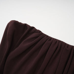 Aurohaya Honoria Chocolate Brown Off Shoulder Maxi Dress