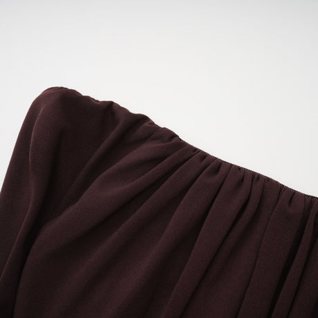 Aurohaya Honoria Chocolate Brown Off Shoulder Maxi Dress