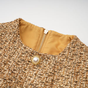 Aurohaya Arna Gold Round Neck Tweed Mini Dress