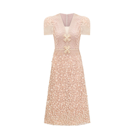 Aurohaya Bérengère Neutrals Faux-flower Crochet Midi Dress