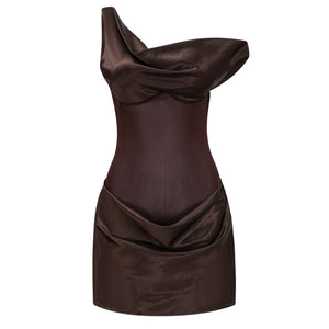 Aurohaya Pernilla Brown One Shoulder Satin Mini Dress
