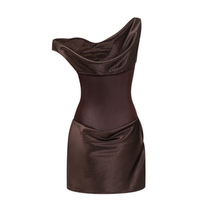 Aurohaya Pernilla Brown One Shoulder Satin Mini Dress
