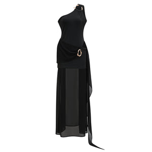 Aurohaya Tiziana Black One Shoulder Cut Out Maxi Dress