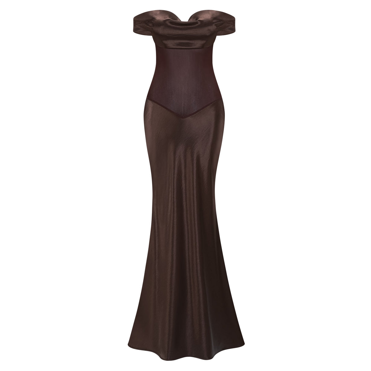 Aurohaya Gitta Brown Off Shoulder Satin Maxi Gown