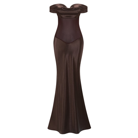 Aurohaya Gitta Brown Off Shoulder Satin Maxi Gown
