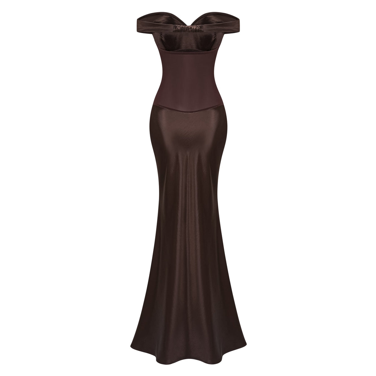 Aurohaya Gitta Brown Off Shoulder Satin Maxi Gown