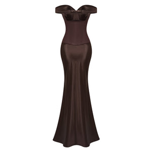 Aurohaya Gitta Brown Off Shoulder Satin Maxi Gown