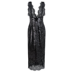 Aurohaya Ava Black Lace Panel Sequined Maxi Dress