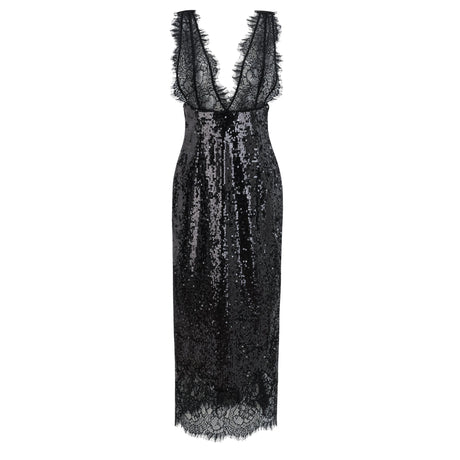 Aurohaya Ava Black Lace Panel Sequined Maxi Dress