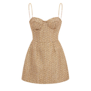 Aurohaya Arna Gold Sweetheart Neckline Tweed Mini Dress