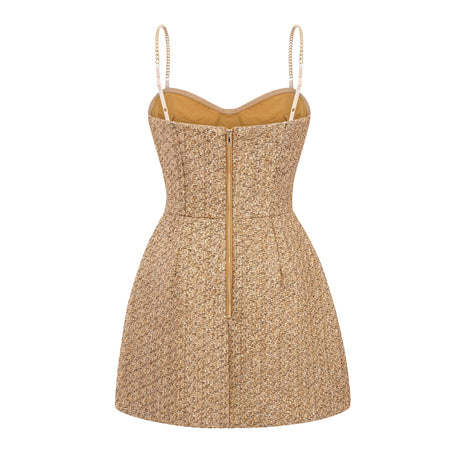 Aurohaya Arna Gold Sweetheart Neckline Tweed Mini Dress