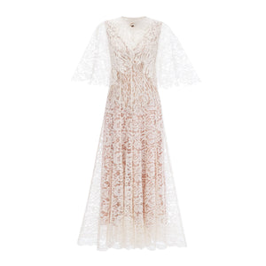 Aurohaya Alaia White Cape Design Floral Lace Midi Dress