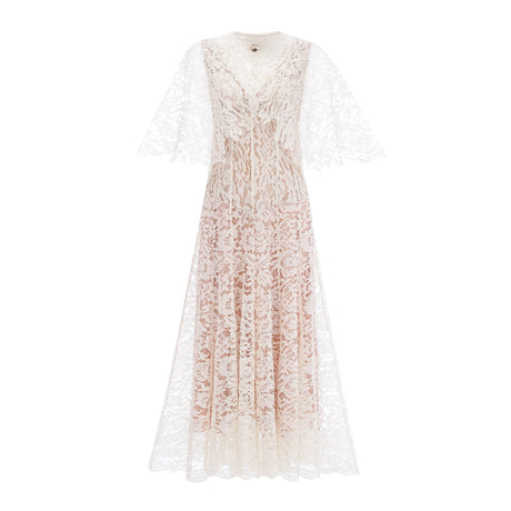 Aurohaya Alaia White Cape Design Floral Lace Midi Dress