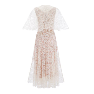 Aurohaya Alaia White Cape Design Floral Lace Midi Dress