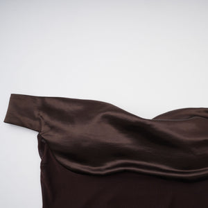Aurohaya Gitta Brown Off Shoulder Satin Maxi Gown